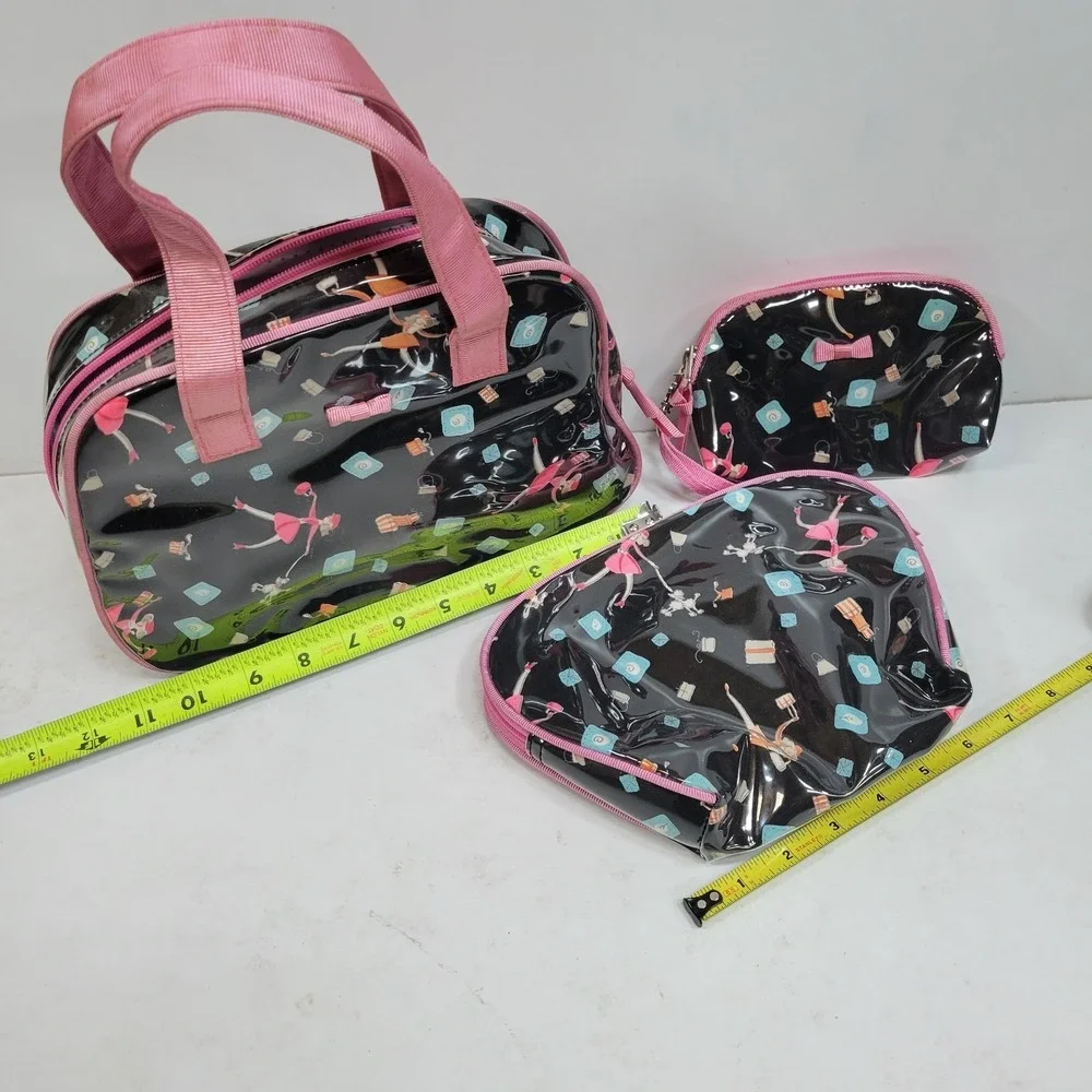 Liz Claiborne 3 Pc Travel Set Cosmetic Bag Black Pink Flamingo Makeup Case
